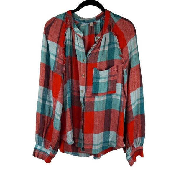 Pilcro Plaid Button-Up Blouse With Ruffle Detail‎ & Pocket - Size M - Picture 2 of 13